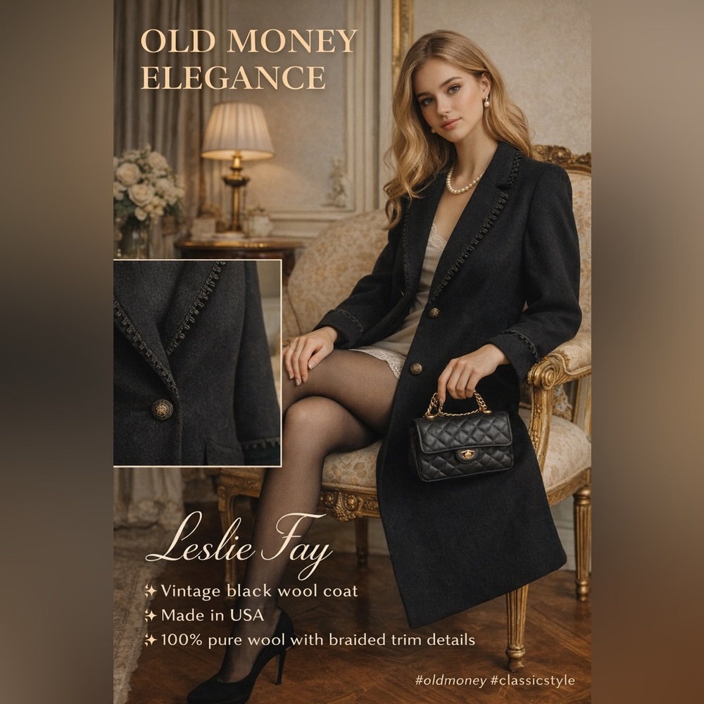 Leslie Fay Vintage Black Wool Coat USA Made Braided Trim Size 14
